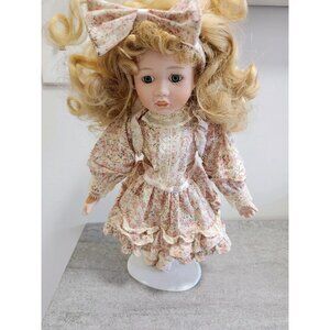 14 Inch Porcelain Doll with Stand Pink Floral Cotton Dress Blond Hair
